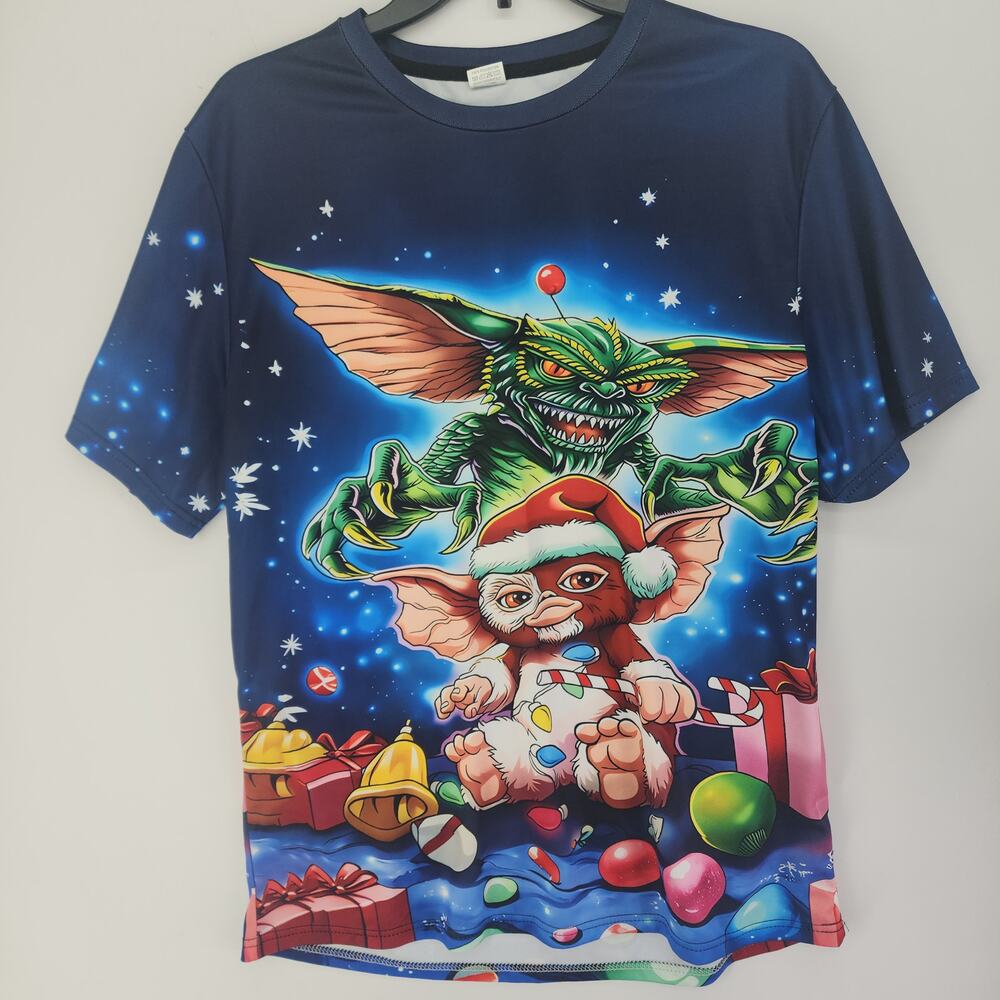 Gremlins Gizmo Stripe Christmas Navy Holiday AOP Tee Sz L